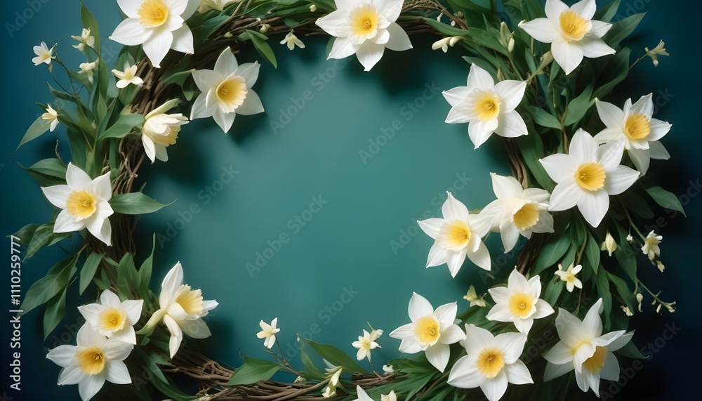 Un marco floral con flores blancas, hojas verdes y ramas sobre un fondo azul claro Un marco floral con flores blancas, hojas verdes y ramas sobre un fondo azul claro