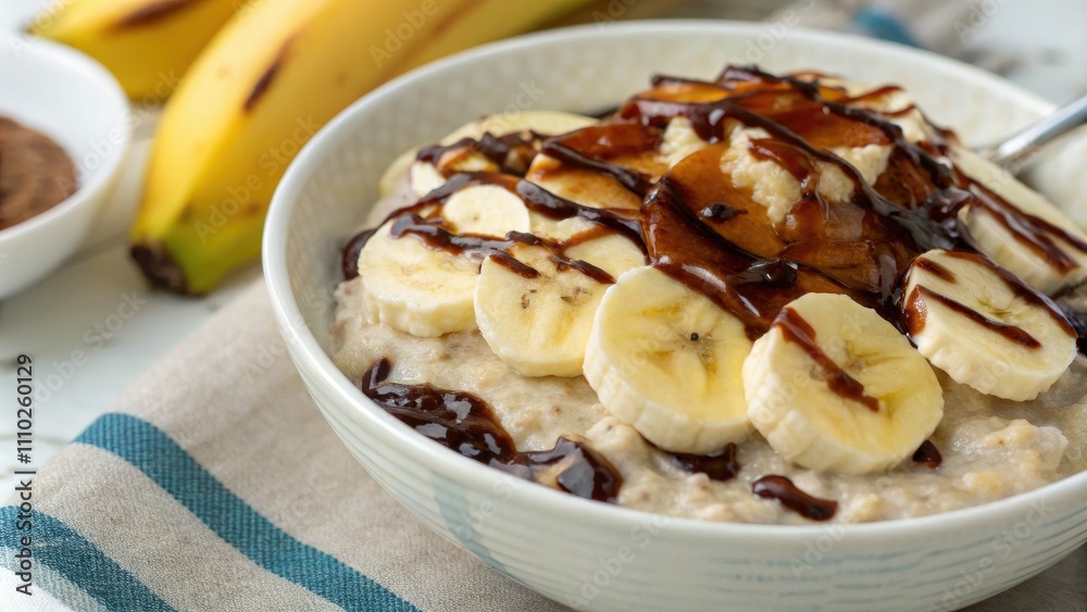 Closeup of Delicious Overnight Oats with Bananas and Chocolate Syrup - Healthy Breakfast Idea Closeup of Delicious Overnight Oats with Bananas and Chocolate Syrup - Healthy Breakfast Idea