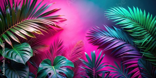 Vibrant Tropical Leaf Arrangement Against a Gradient Background of Pink and Blue