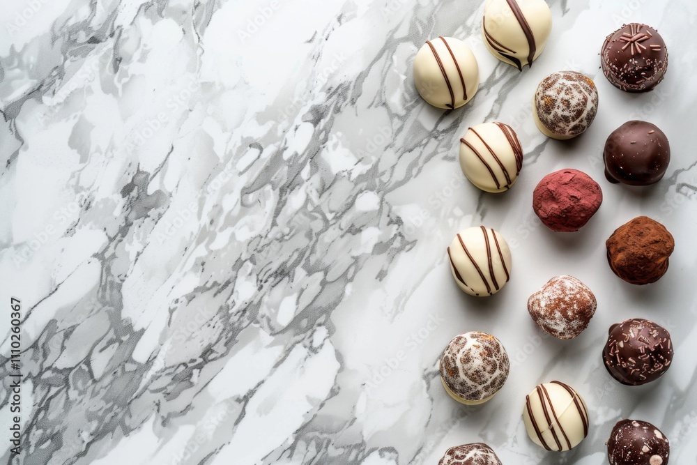 Obraz premium Chocolate truffles, sweets on marble background, scattered chocolates on natural white stone top view