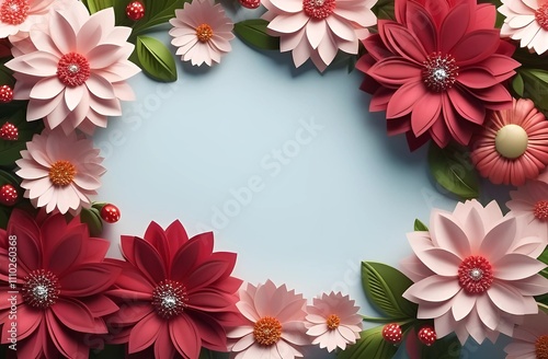 a wreath of flowers with a pink border and a white frame with a pink flower.