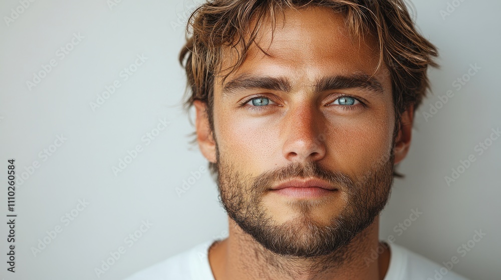 Obraz premium Attractive young man with blue eyes and beard on white background showcasing confidence and a positive mindset concept for mockup use