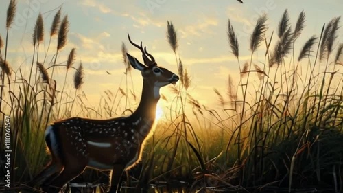 Animation of Wildlife in Morning Reeds. Animals moving peacefully through reed grass in the quiet calm of morning. Tranquil motion. photo