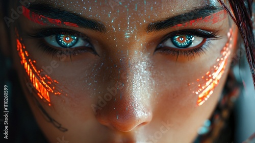 Intricate facial tattoos on priestess with glowing Asiatic eyes in ancient setting