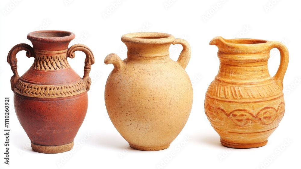 Terracotta amphora collection showcasing ancient craftsmanship on a white background ideal for historical and educational themes