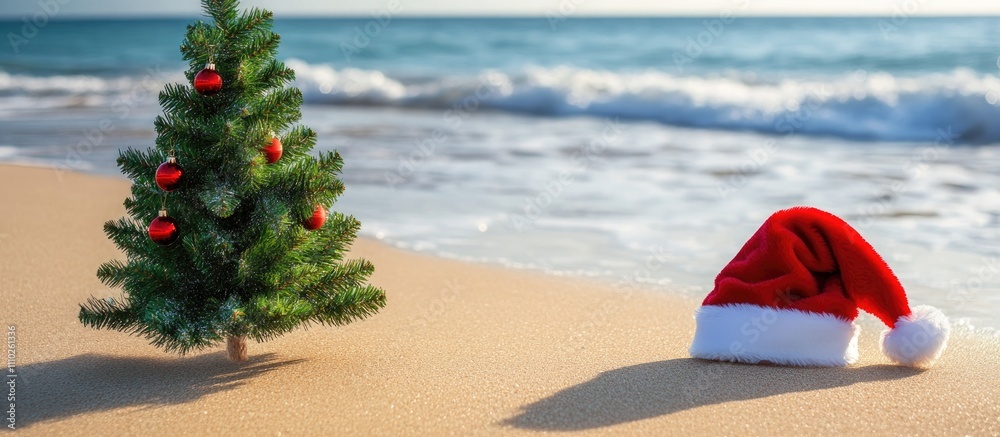 Christmas tree and Santa hat on a serene beach showcasing holiday spirit in a unique tropical setting with ocean waves in the background Christmas tree and Santa hat on a serene beach showcasing holiday spirit in a unique tropical setting with ocean waves in the background