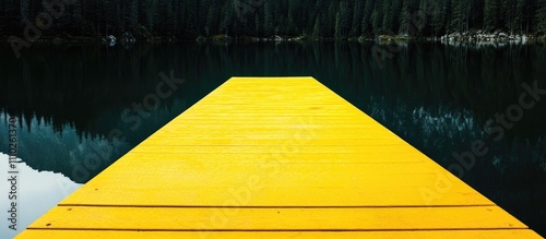 Luminous yellow dock extending over tranquil water surrounded by lush green trees in a serene natural landscape setting photo