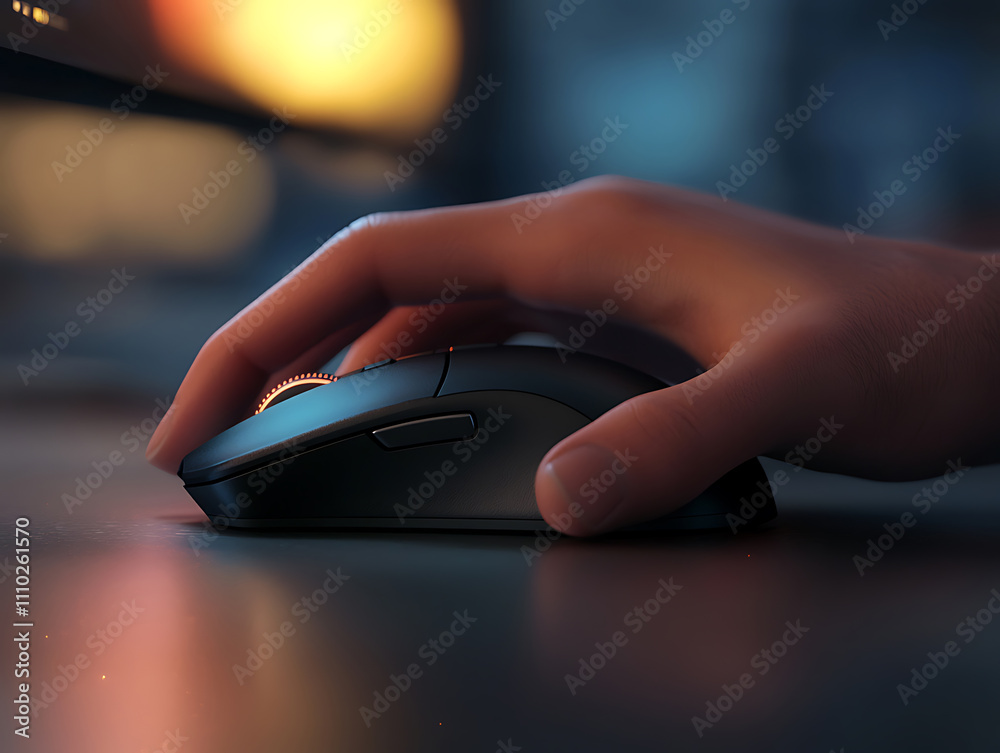 Hand using a mouse on a sleek desk Hand using a mouse on a sleek desk