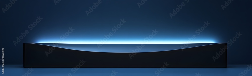 Fototapeta premium Sleek black podium on a bold electric blue background, softly illuminated, creating an expansive space in front for showcasing a product.