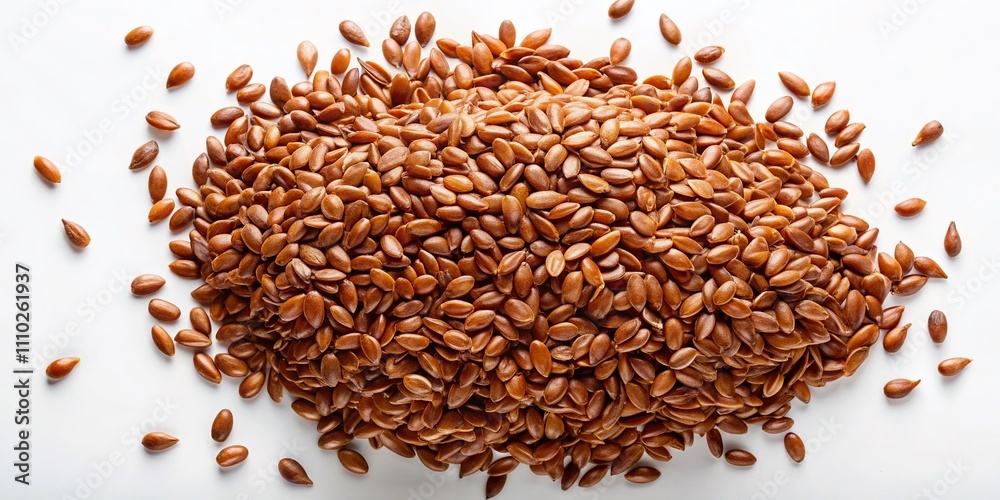 Close-Up of Flax Seeds Spread Out on White Background with Shadows, Showcasing Their Unique Texture and Natural Color Variations in a Minimalist Style Close-Up of Flax Seeds Spread Out on White Background with Shadows, Showcasing Their Unique Texture and Natural Color Variations in a Minimalist Style