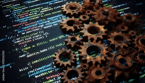 Rusty gears on code symbolize outdated programming languages plagued with bugs.