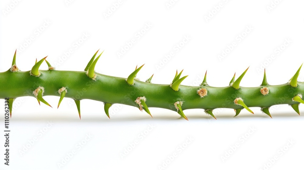 Naklejka premium Green cactus stem with sharp thorns isolated on a clean white background showcasing botanical details and natural textures.