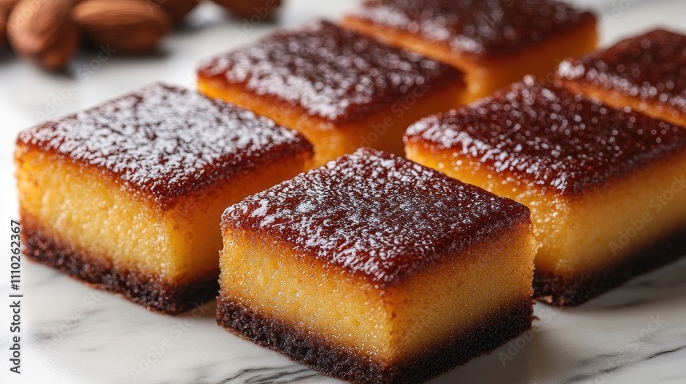 Financier almond cake squares arranged on a marble surface with almonds in the background