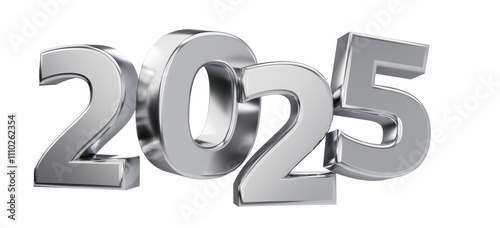 2025 silver numbers. Metallic numbers 3D rendering. New Year symbol.