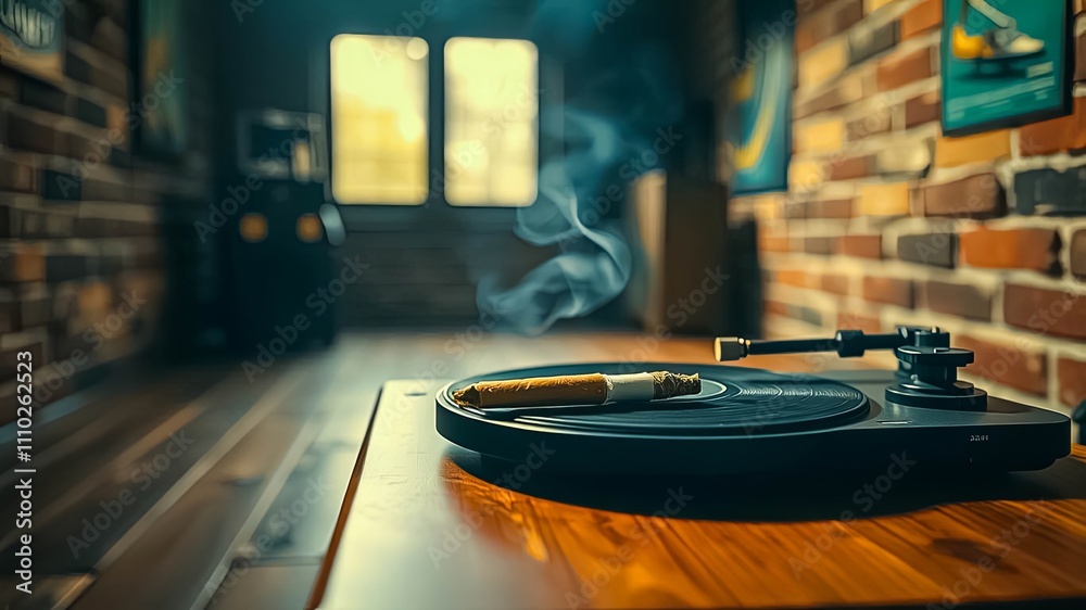 Obraz premium A smoldering cigarette rests on a turntable in a dimly lit room with a brick wall