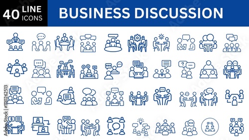 Business Discussion web line icons. Containing conference, business meeting, classroom, team, interview, conference, work, discussion and more