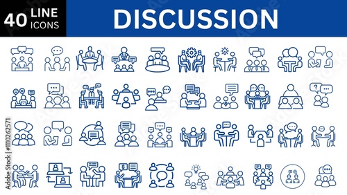 Discussion set of web icons in line style. Live webinar icons for web and mobile app. Containing conference, business meeting, classroom, team, interview, conference, work, discussion and more