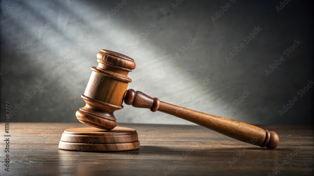A wooden gavel rests on a wooden surface, illuminated by a beam of light, a symbol of justice and authority. A wooden gavel rests on a wooden surface, illuminated by a beam of light, a symbol of justice and authority.