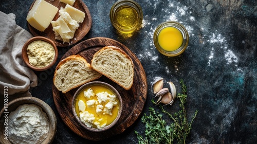 Delicious spread of butter and condensed milk on fresh bread with ingredients and herbs arranged on a rustic wooden table