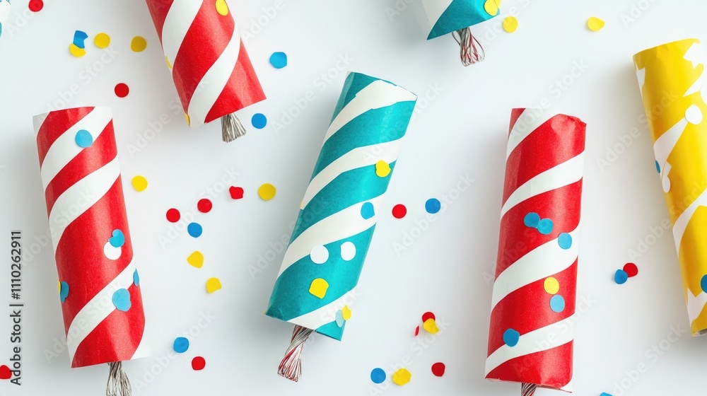 Obraz premium Colorful party crackers and streamers arranged on white background with confetti creating a festive celebration atmosphere