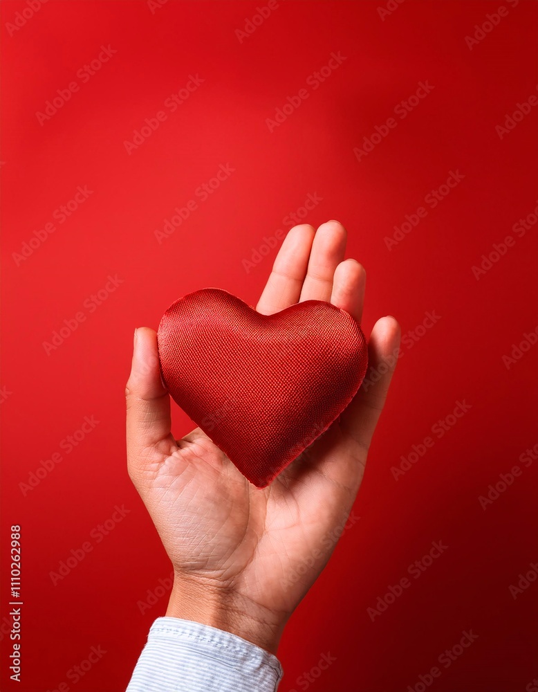 Fototapeta premium Hand holding a heart cover with red background and space for text