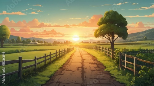 Wallpaper Mural Rural cartoon landscape with green trees, agriculture fields, road and fence at sunrise Torontodigital.ca