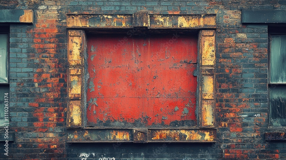 Weathered Brick Wall with Faded Red Frame and Textured Decay in Urban Setting