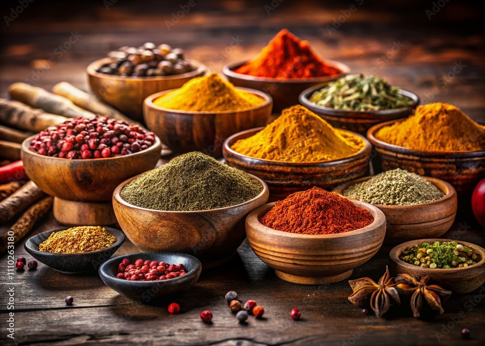 Closeup of Rustic Wooden Bowls Filled with Vibrant Dry Spices on a Dark Board, Set Against a Textured Wooden Background for Captivating Product Photography Closeup of Rustic Wooden Bowls Filled with Vibrant Dry Spices on a Dark Board, Set Against a Textured Wooden Background for Captivating Product Photography