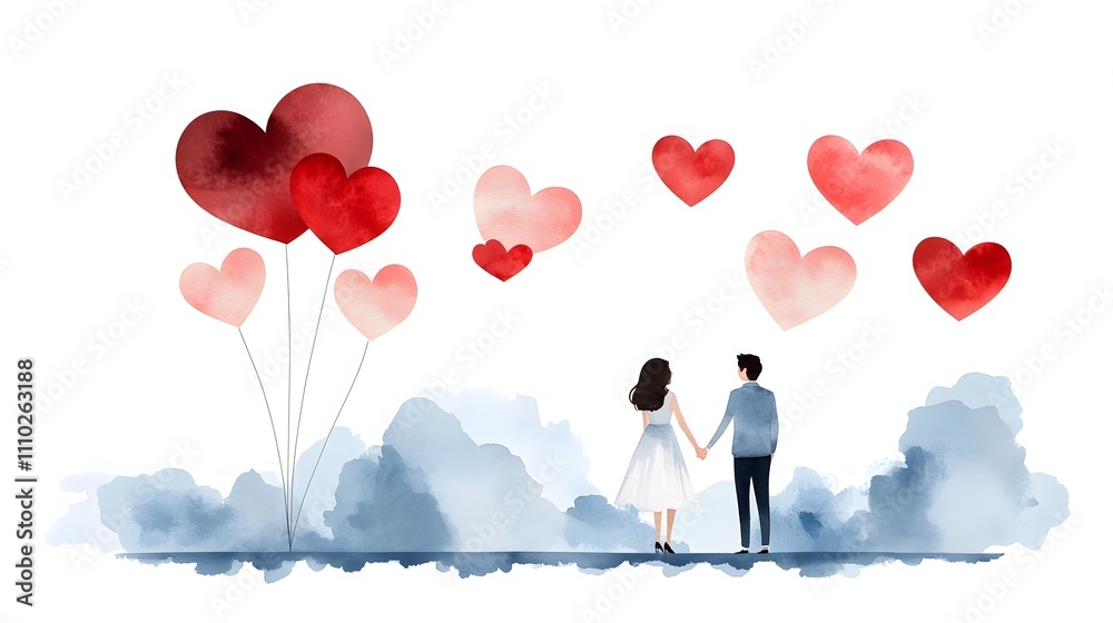 Watercolor illustration of a couple holding hands under a sky filled with paper cut hearts Watercolor illustration of a couple holding hands under a sky filled with paper cut hearts