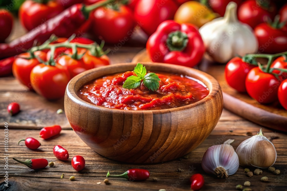Close-Up of Spicy Arrabbiata Sauce in a Wooden Bowl with Bokeh Effect, Showcasing the Rich Red Color of This Vegan Italian Tomato Sauce with Garlic and Chili Peppers Close-Up of Spicy Arrabbiata Sauce in a Wooden Bowl with Bokeh Effect, Showcasing the Rich Red Color of This Vegan Italian Tomato Sauce with Garlic and Chili Peppers
