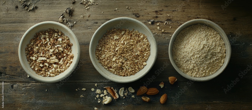 Crushed nuts for baking displayed in three bowls on a rustic wooden table with shells and loose nuts scattered around Crushed nuts for baking displayed in three bowls on a rustic wooden table with shells and loose nuts scattered around