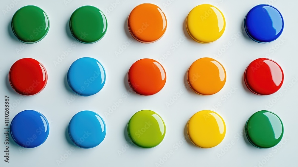 Colorful round magnet holders arranged in a grid pattern on a clean white background showcasing vibrant colors and playful design Colorful round magnet holders arranged in a grid pattern on a clean white background showcasing vibrant colors and playful design