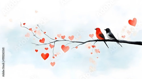 Lovebirds perched on a branch in watercolor with floating paper cut hearts and flowers