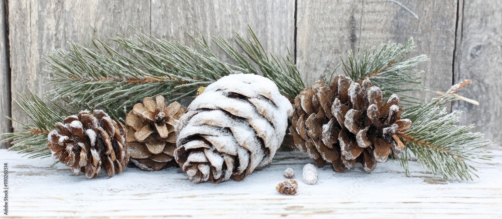 Cozy winter scene with snow-dusted pinecones and evergreen branches arranged on a rustic wooden background for holiday themed decor.