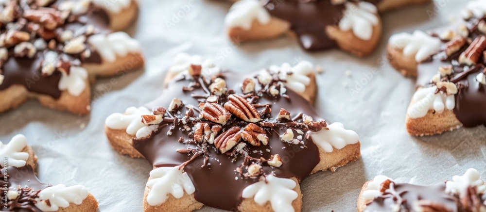 Fototapeta premium Delicious chocolate-dipped snowflake sugar cookies topped with crushed pecans beautifully arranged on parchment paper for festive occasions