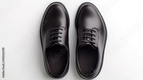 Classic black leather dress shoes viewed from above on a clean white background suitable for fashion or footwear advertising.