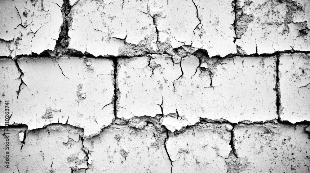 Obraz premium Cracked brick wall with peeling paint showcasing texture and decay in a monochromatic style for backgrounds and architectural elements