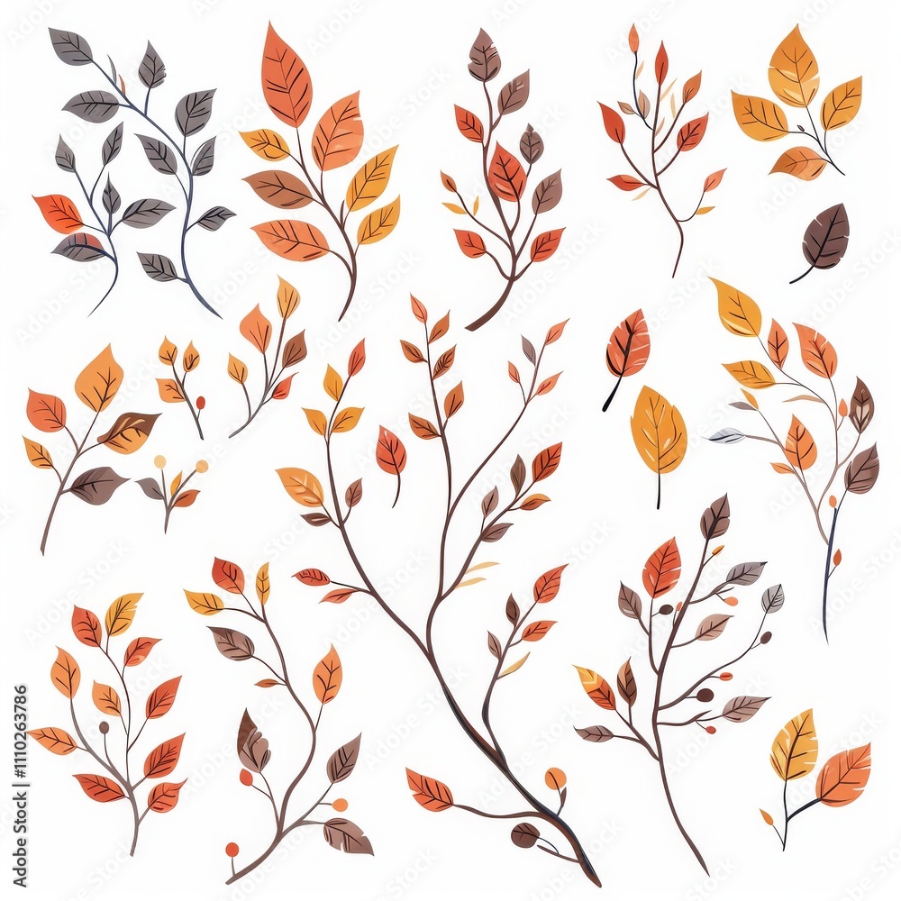 Branches drawing set, sketched autumn twigs, leaves, floral design elements, botany pictures Branches drawing set, sketched autumn twigs, leaves, floral design elements, botany pictures