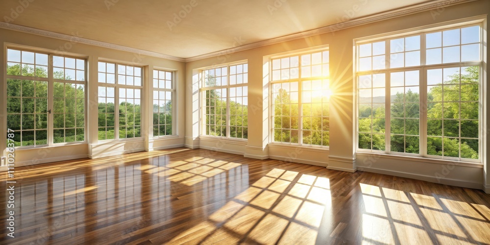 Fototapeta premium Sunlight streams through large windows onto hardwood floors in an empty room.