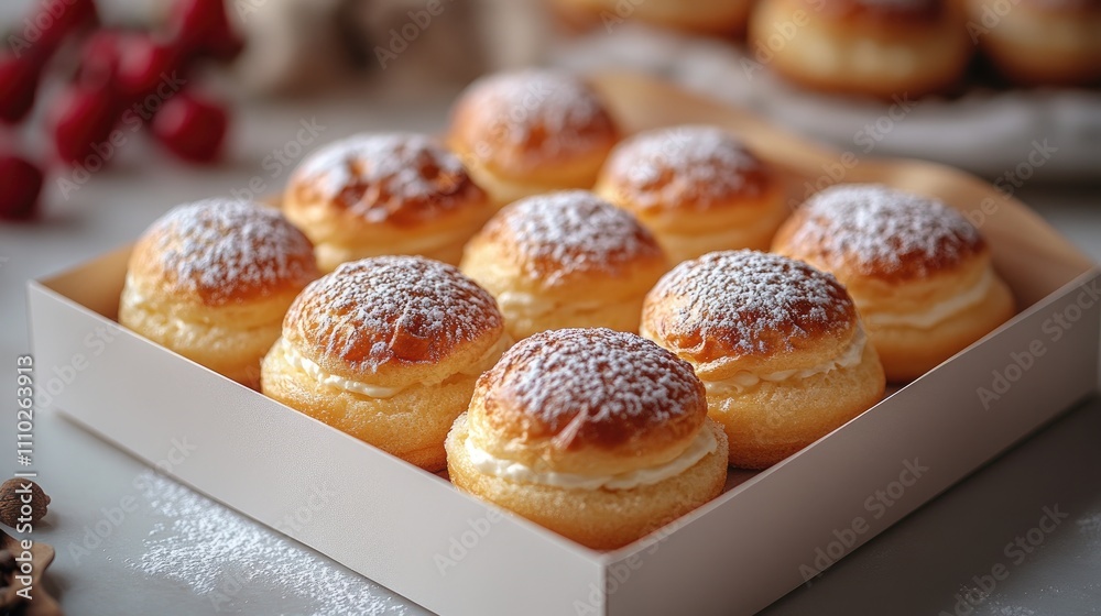 Delicious cream puff pastries in a white box dusted with powdered sugar and filled with rich custard cream ideal for dessert displays Delicious cream puff pastries in a white box dusted with powdered sugar and filled with rich custard cream ideal for dessert displays