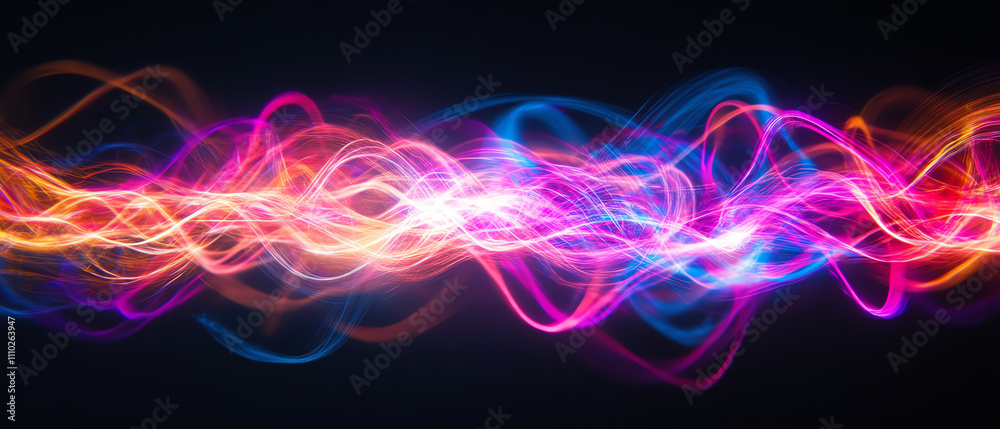 Vibrant and colorful abstract light waves on a dark background, representing energy. Vibrant and colorful abstract light waves on a dark background, representing energy.