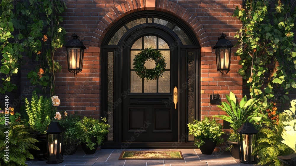 Elegant front door with wreath, lanterns, and plants. Elegant front door with wreath, lanterns, and plants.