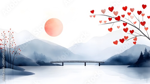 Fototapeta Naklejka Na Ścianę i Meble -  Romantic watercolor bridge over a river with paper cut heart garlands hanging above