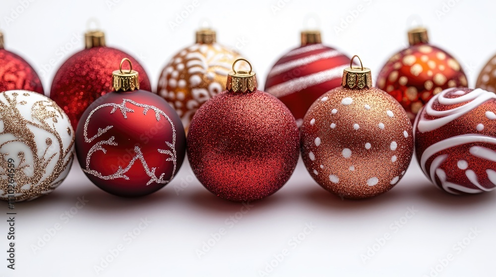 Red and gold Christmas ornaments arranged beautifully on a white background for festive holiday decor and celebrations. Red and gold Christmas ornaments arranged beautifully on a white background for festive holiday decor and celebrations.