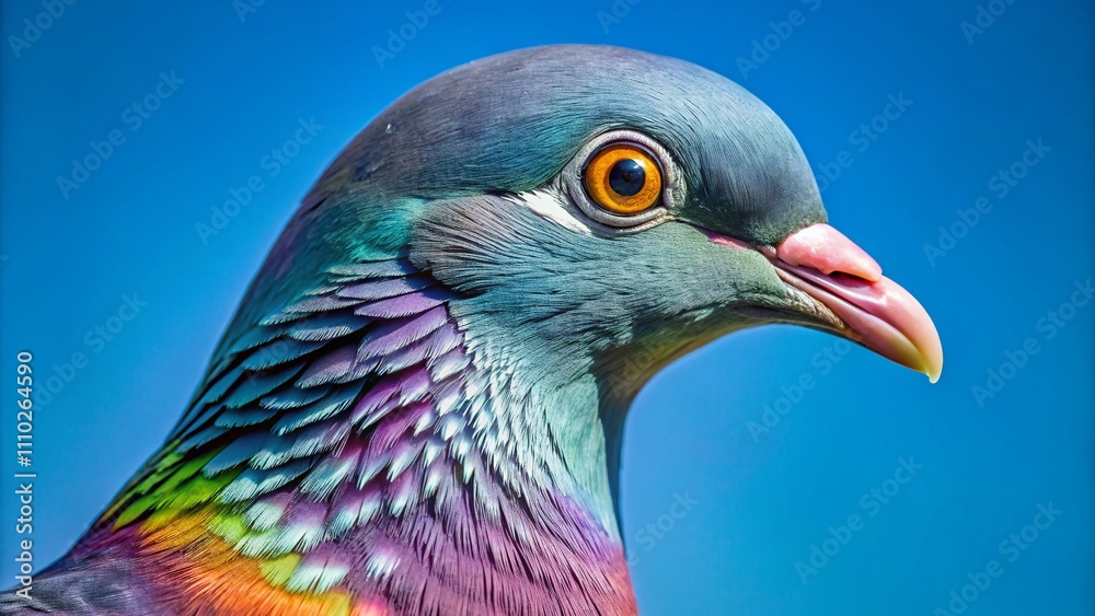 Close-Up Side View of a Common European Wood Pigeon’s Head Against a Clear Blue Sky, Showcasing Its Unique Features and Natural Beauty in a Serene Setting Close-Up Side View of a Common European Wood Pigeon’s Head Against a Clear Blue Sky, Showcasing Its Unique Features and Natural Beauty in a Serene Setting