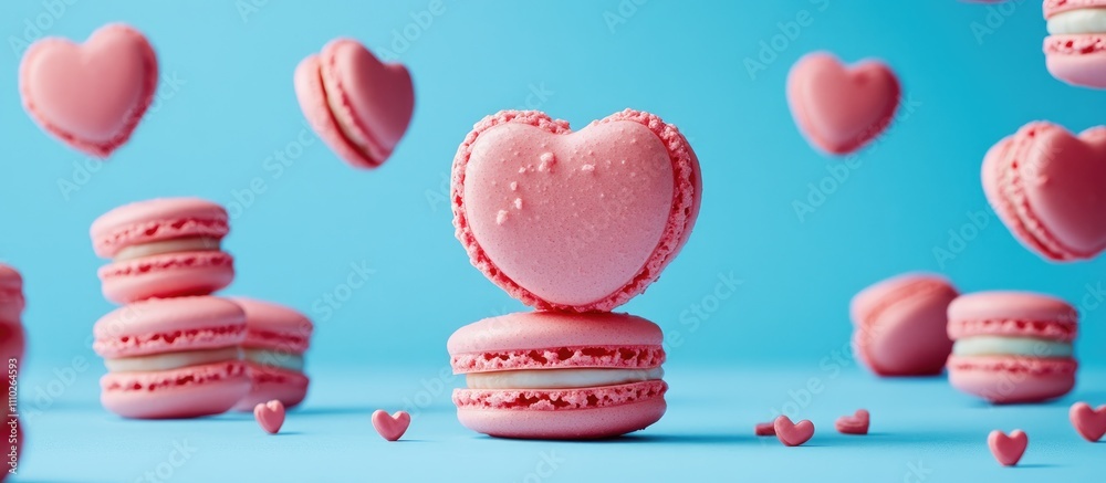 Heart shaped macaroons elegantly displayed against a vibrant blue backdrop creating a delightful dessert scene perfect for celebrations.