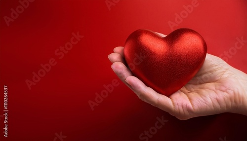 Hand holding a heart cover with red background and space for text