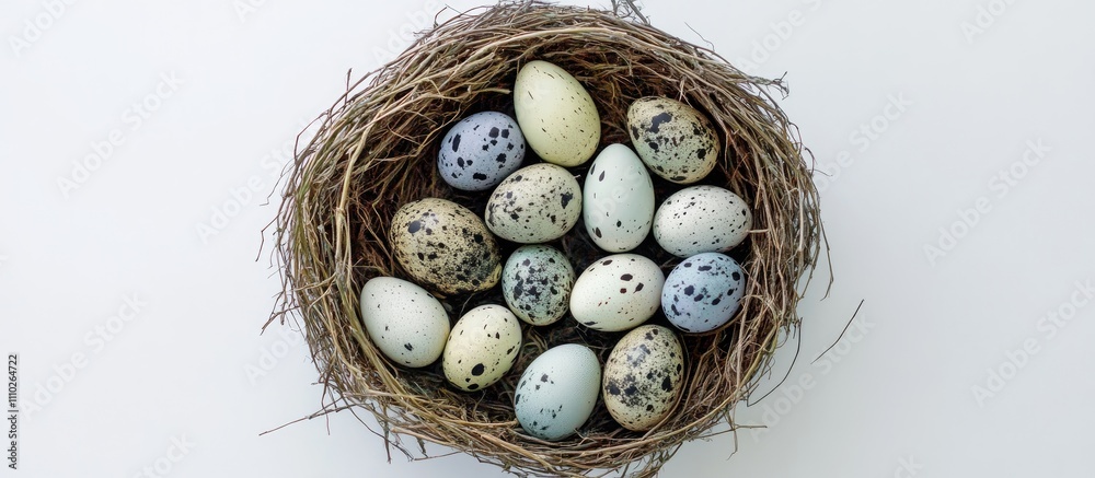 Colorful eggs arranged in a natural nest on a white background viewed from above showcasing nature's beauty and springtime themes Colorful eggs arranged in a natural nest on a white background viewed from above showcasing nature's beauty and springtime themes