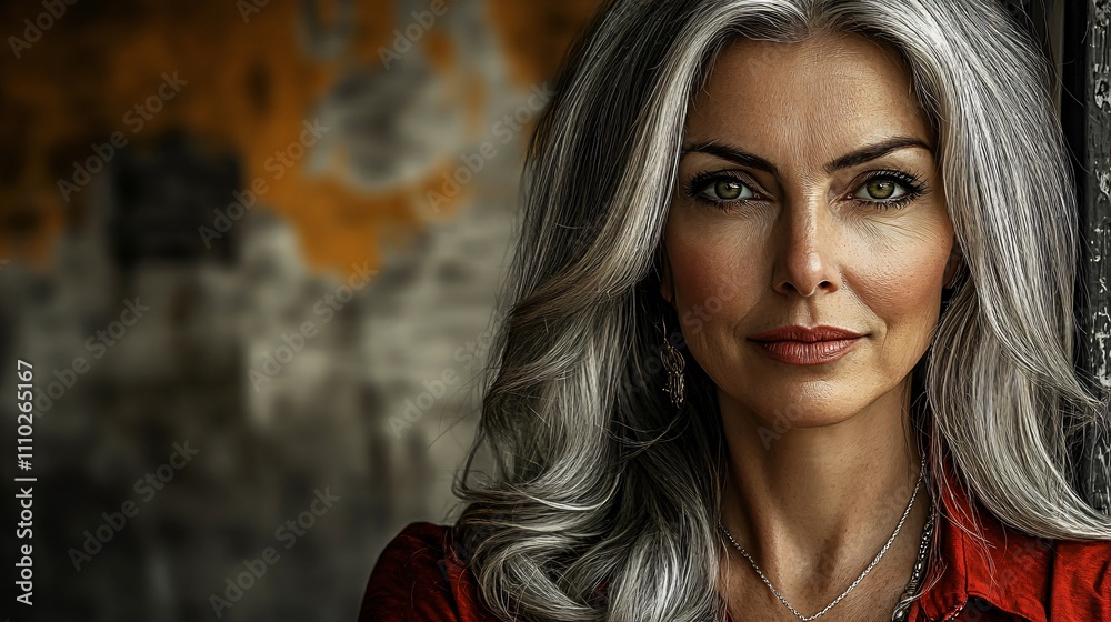 Obraz premium Stunning mature woman showcasing elegance and confidence in urban setting