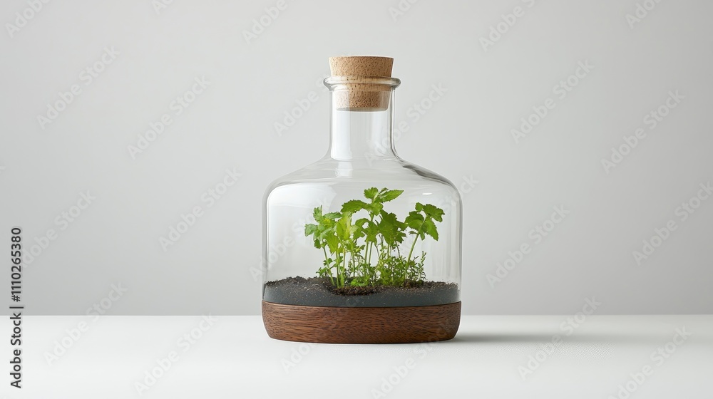 Closed glass flask terrarium with greenery showcasing a self-sustaining ecosystem in Scandinavian style decor on a minimalist background Closed glass flask terrarium with greenery showcasing a self-sustaining ecosystem in Scandinavian style decor on a minimalist background